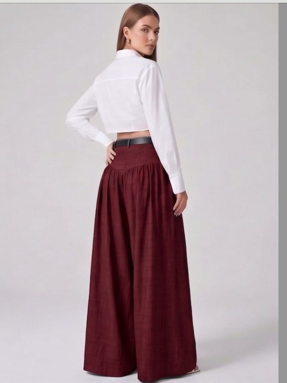 High Waisted Yoke Pleated Wide Leg Palazzo Pants Burgundy - Picture 4 of 9